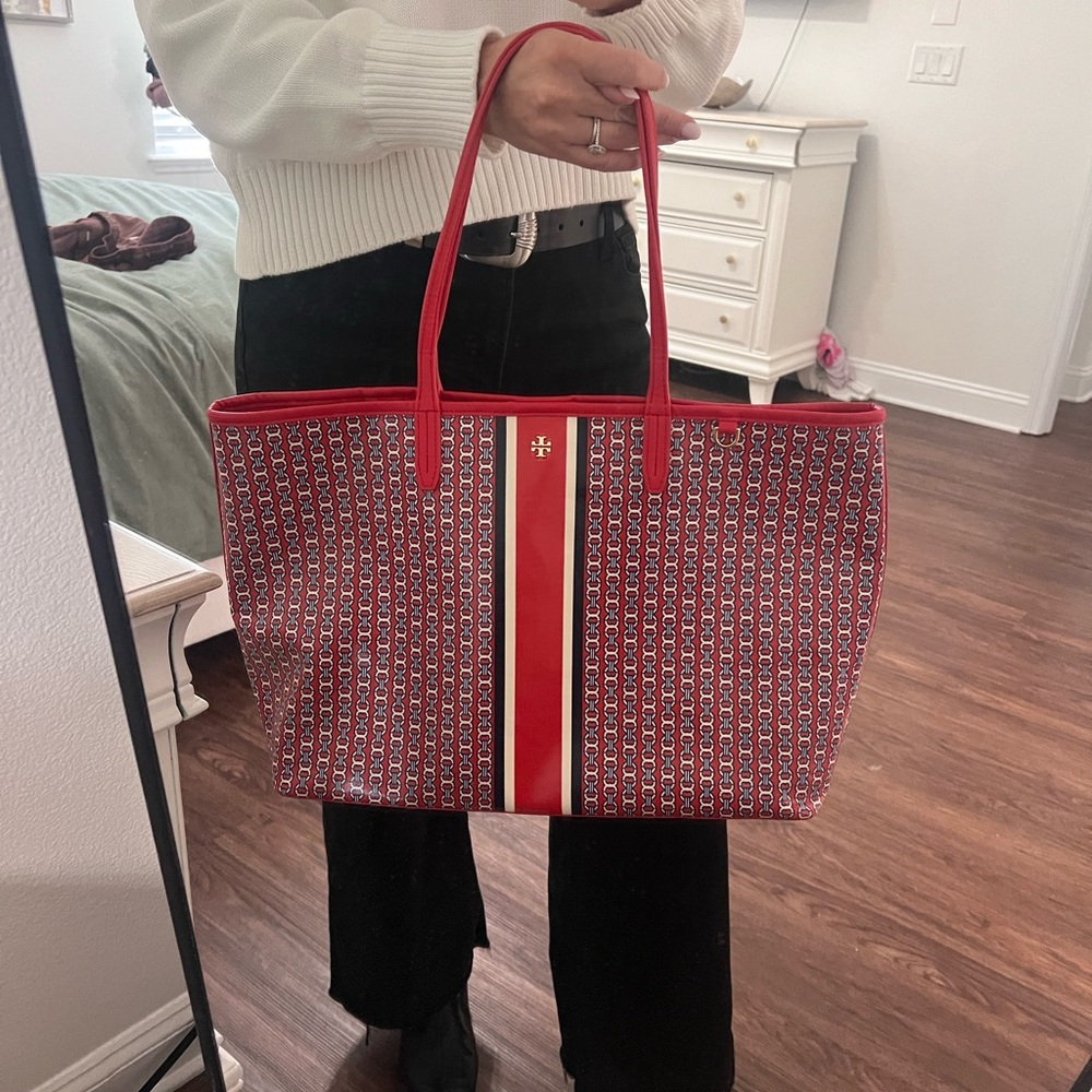 Tory Burch Red and White Geometric Tote